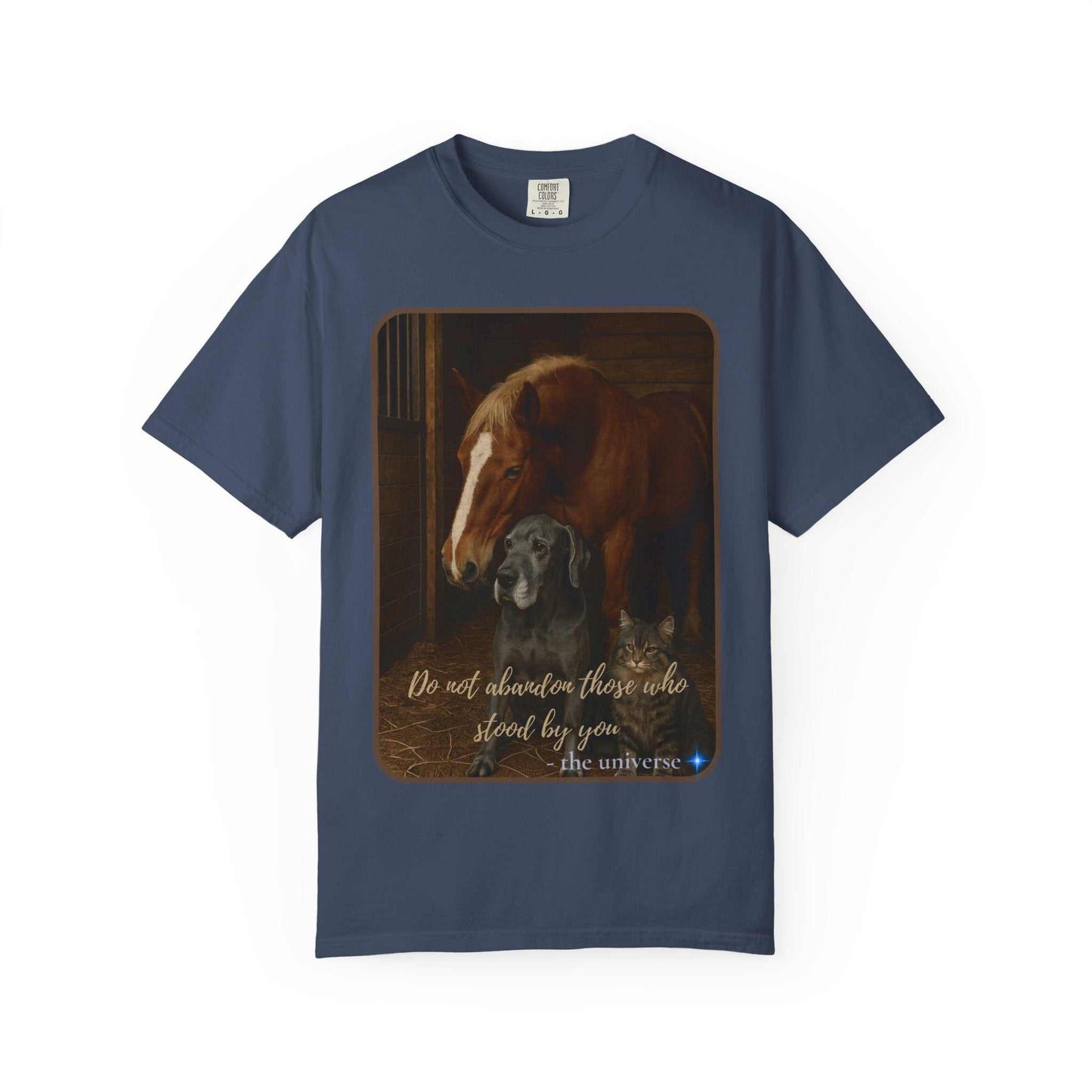 Comfort Colors 1717 Animal Rescue T-Shirt with horse, dog, and cat design, vintage navy blue, 100% cotton, supporting animal welfare