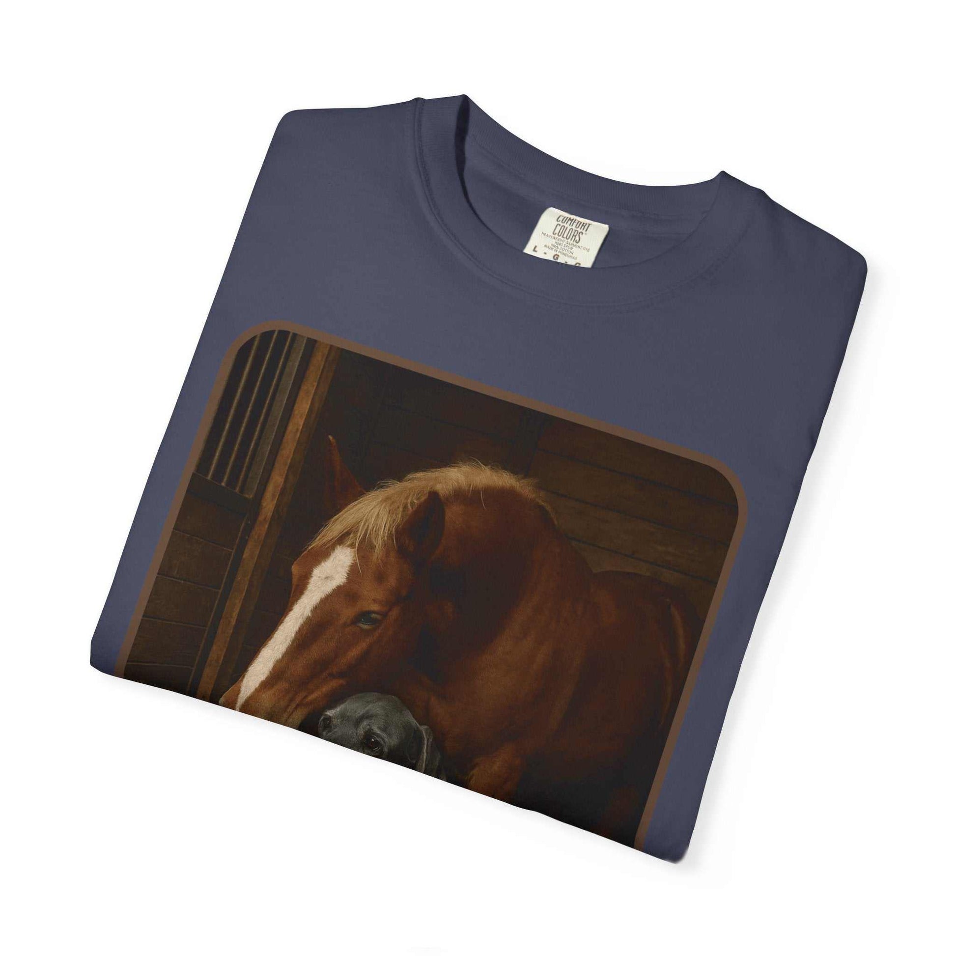 Comfort Colors 1717 navy animal rescue t-shirt with horse, dog, and cat print, 100% cotton, vintage style