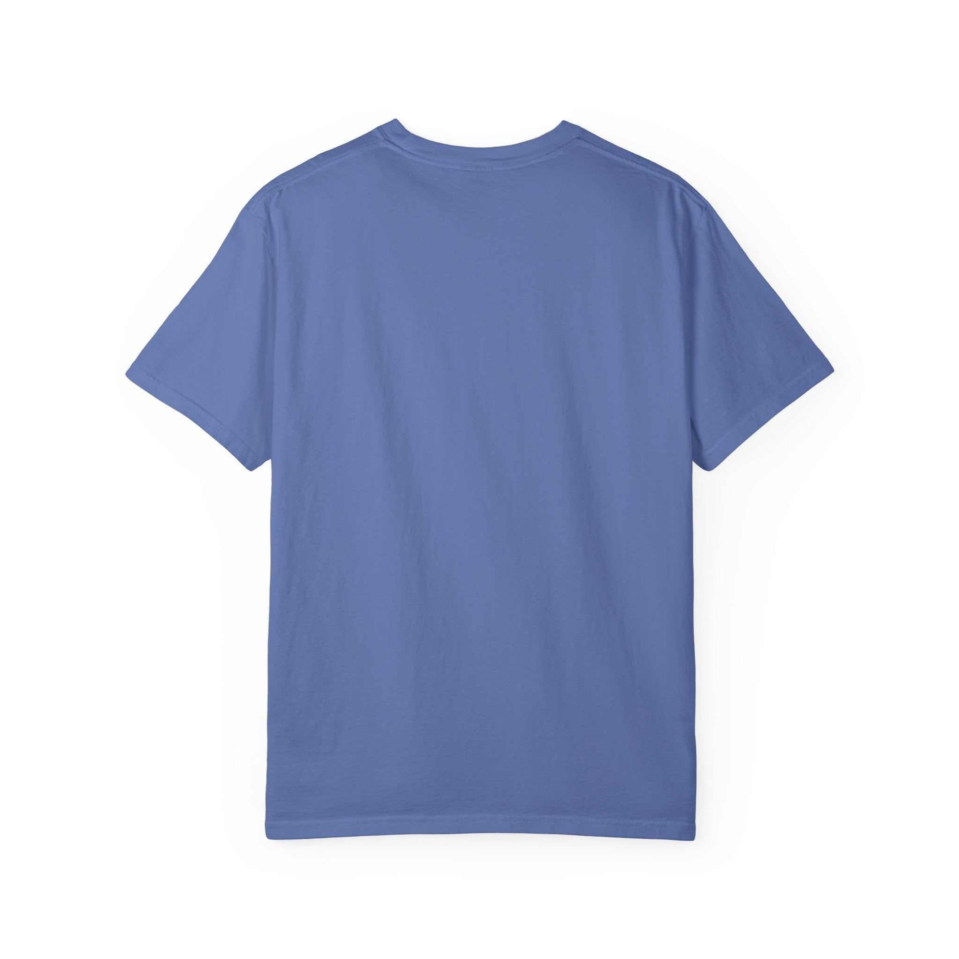 Back view of blue Devil Rethink Your Pride unisex garment-dyed cotton t-shirt