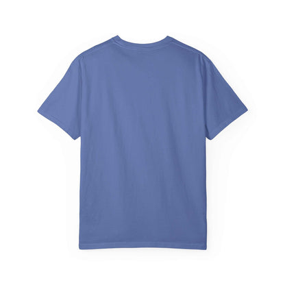 Back view of blue Devil Rethink Your Pride unisex garment-dyed cotton t-shirt