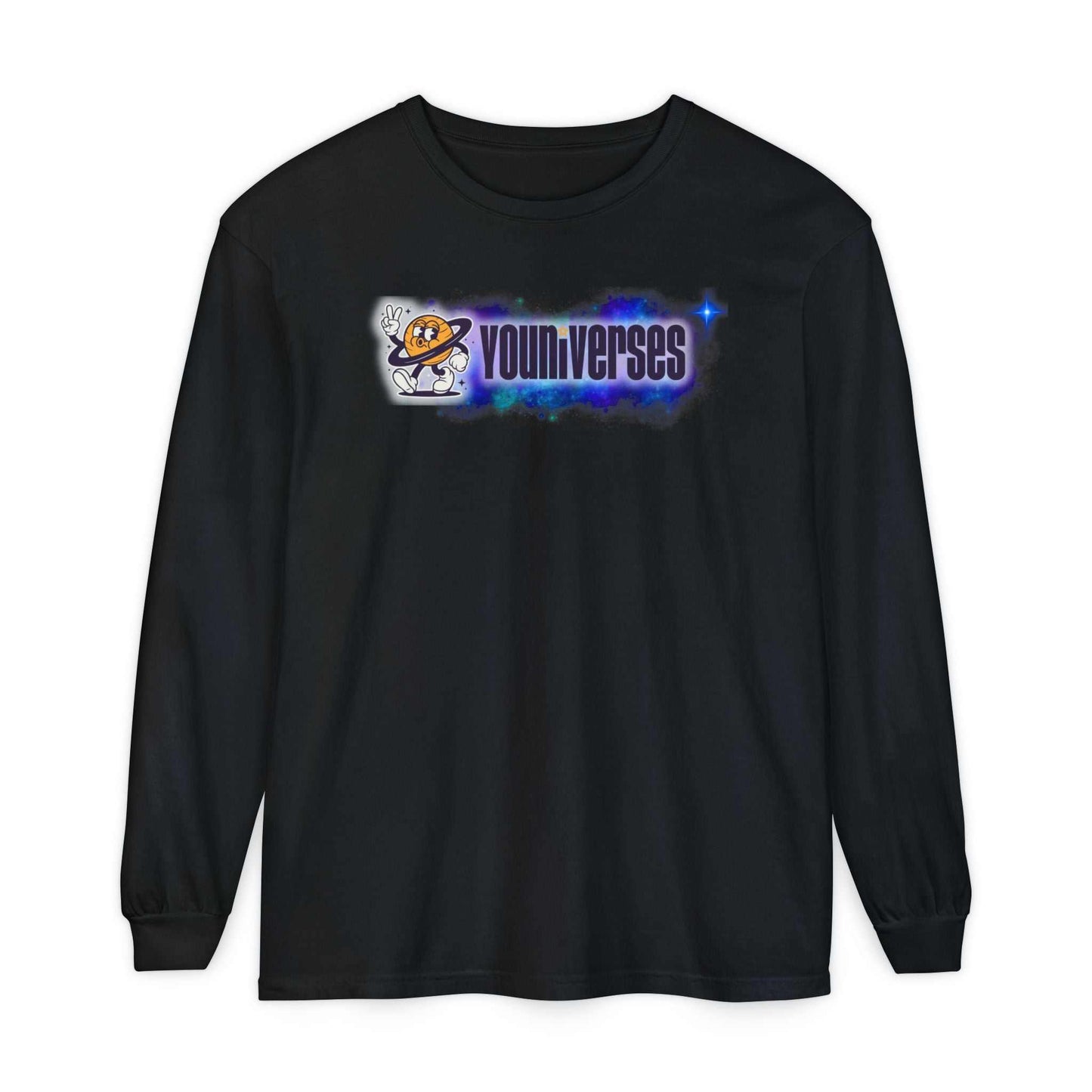 Youniverses Space Logo long sleeve tee black garment-dyed cotton with cosmic graphic and ribbed cuffs