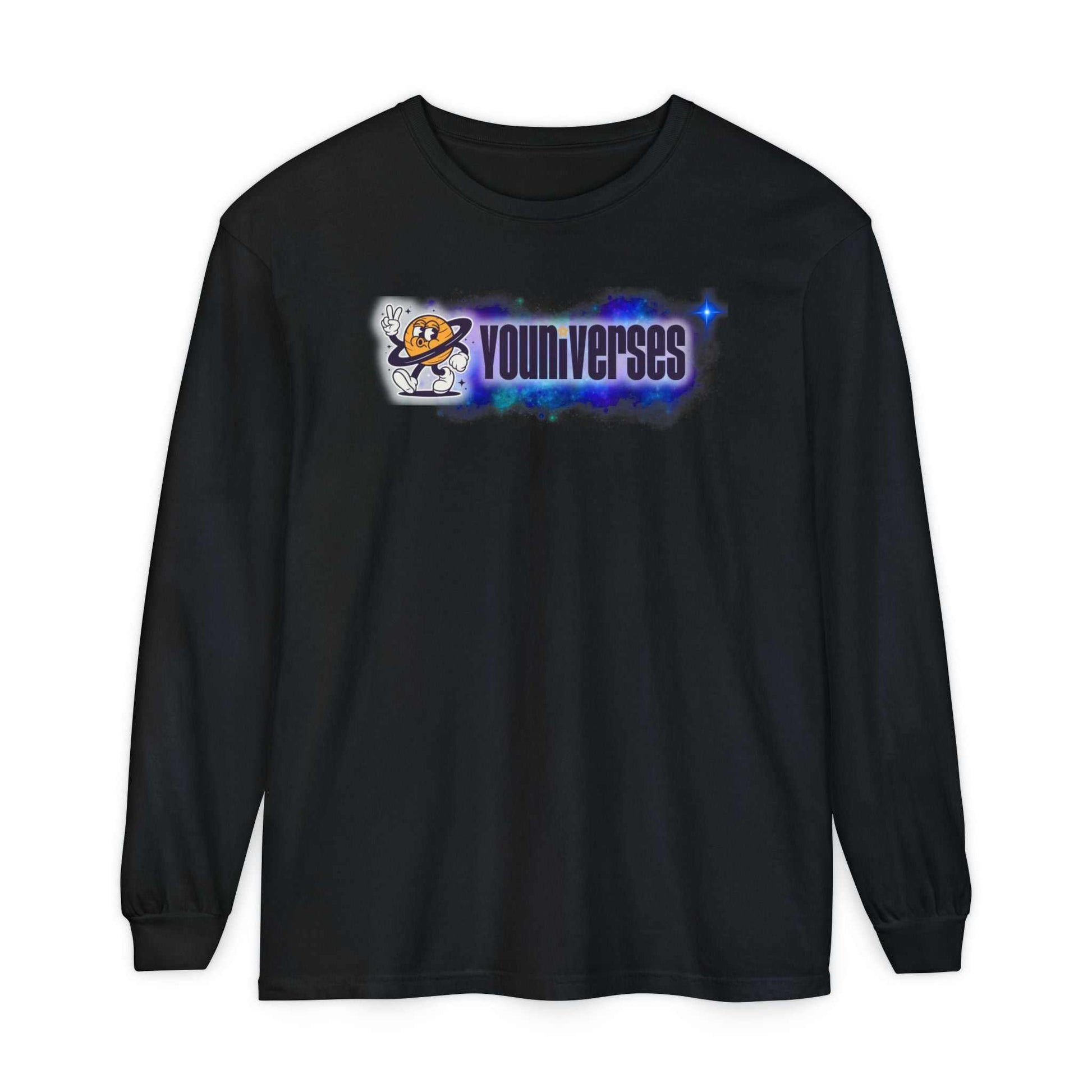Youniverses Space Logo long sleeve tee black garment-dyed cotton with cosmic graphic and ribbed cuffs
