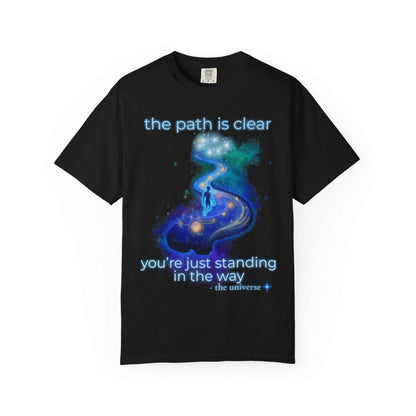 Black Comfort Colors® Spiritual Path Graphic T-Shirt with cosmic path and motivational text design on front