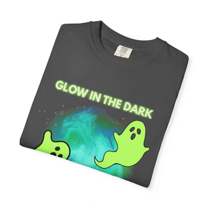 A dark grey t-shirt with a glow-in-the-dark ghost and planet design.