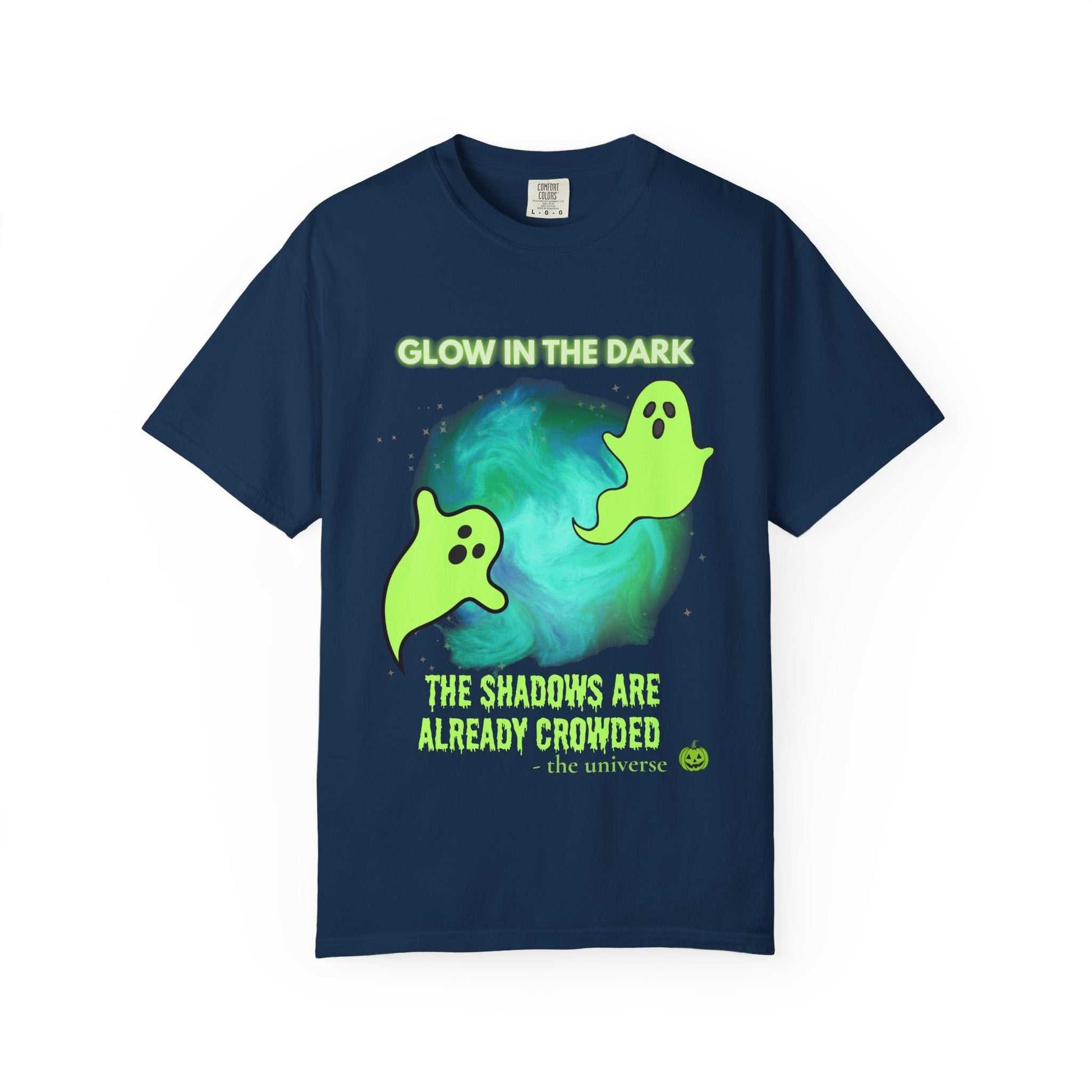 Navy t-shirt with glow-in-the-dark ghosts and text.