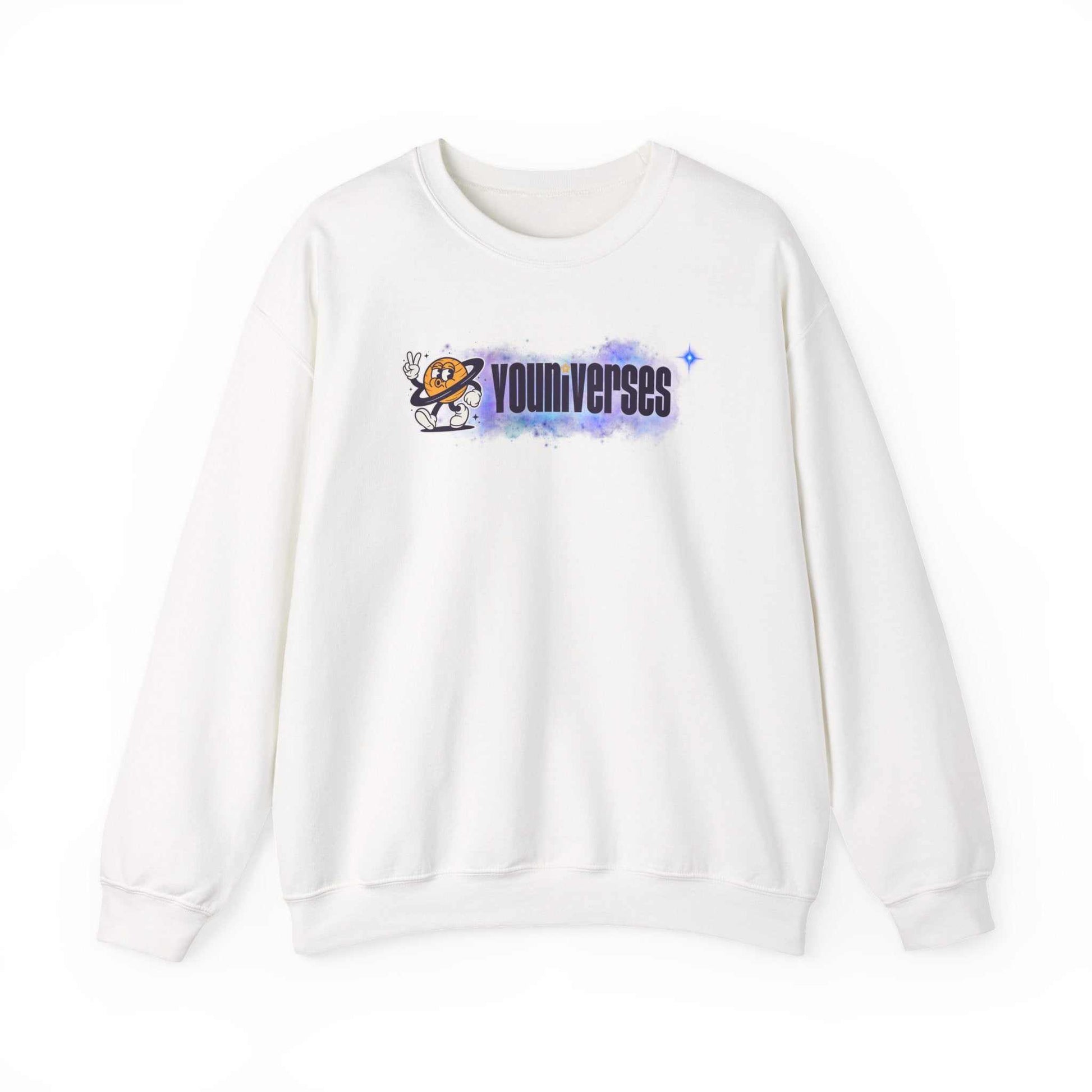 White crewneck sweatshirt with Youniverses space logo graphic featuring a retro astronaut and watercolor nebula design