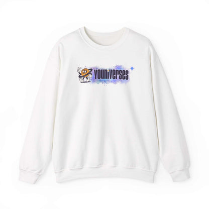 White crewneck sweatshirt with Youniverses space logo graphic featuring a retro astronaut and watercolor nebula design