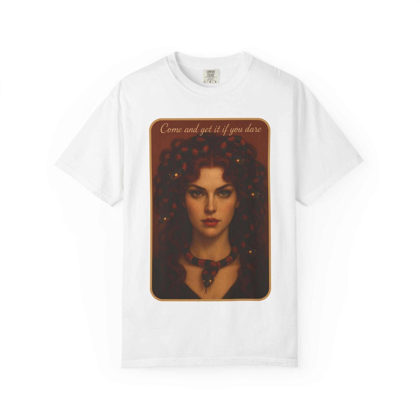 Comfort Colors® Medusa Graphic T-Shirt with "Come and Get It" Medusa design on white cotton tee