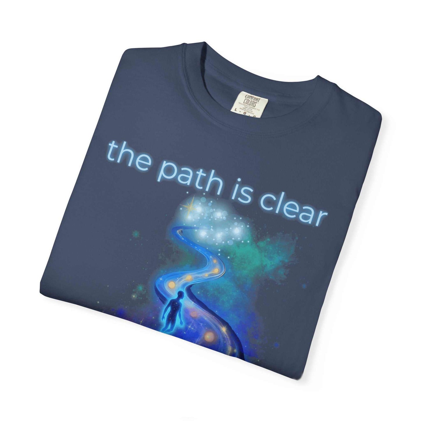 Comfort Colors Spiritual Path Graphic T-Shirt in blue with cosmic pathway and "the path is clear" text, 100% cotton garment dyed tee