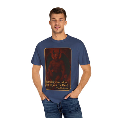 Man wearing blue Devil Rethink Your Pride unisex garment-dyed cotton T-shirt with devil graphic and text design