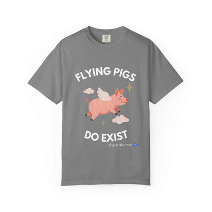 A grey t-shirt with a graphic of a flying pig and the text "Flying Pigs Do Exist".