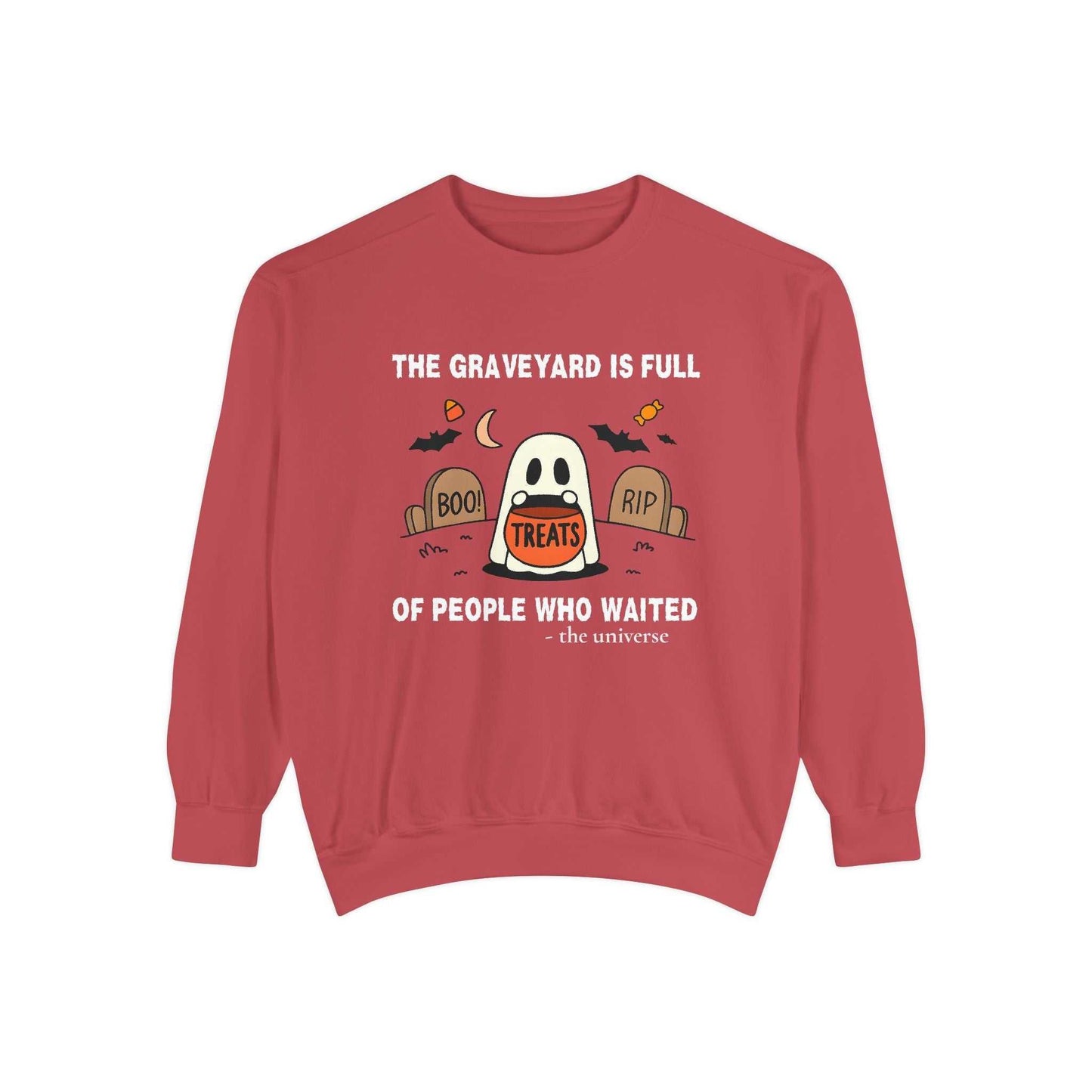 Red sweatshirt with a Halloween ghost and graveyard design.