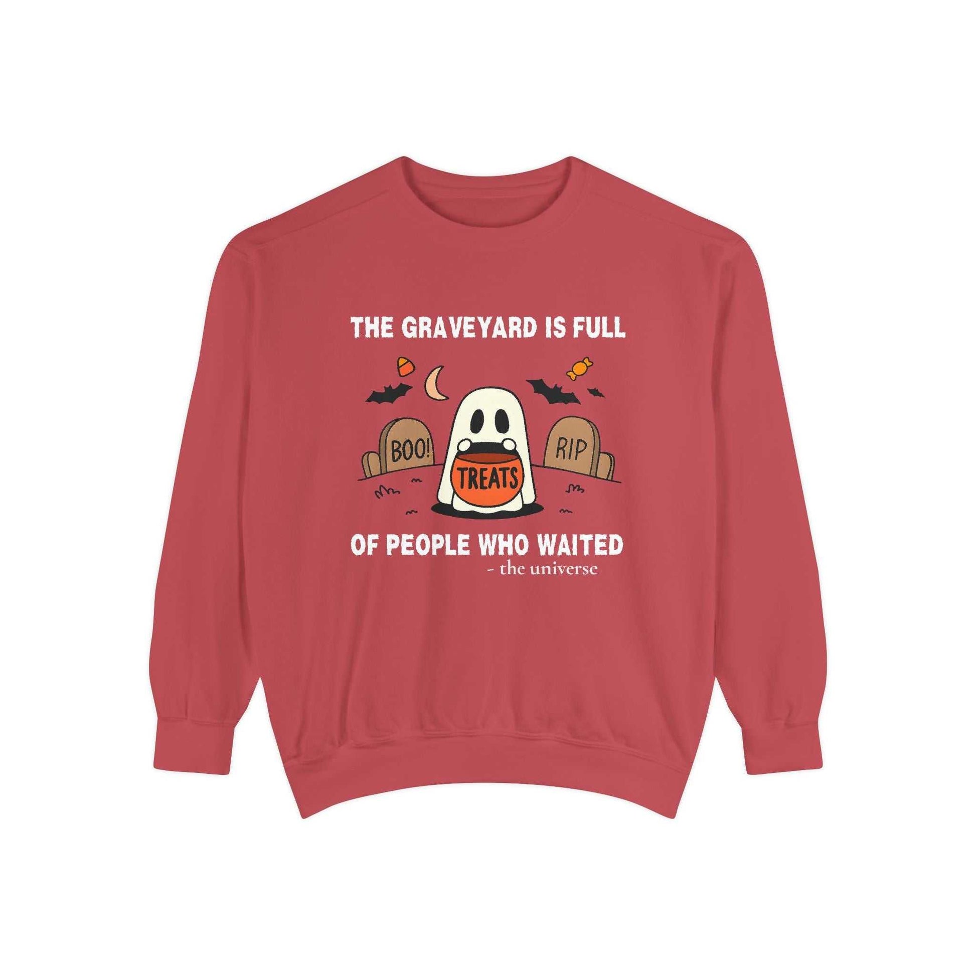 Red sweatshirt with a Halloween ghost and graveyard design.
