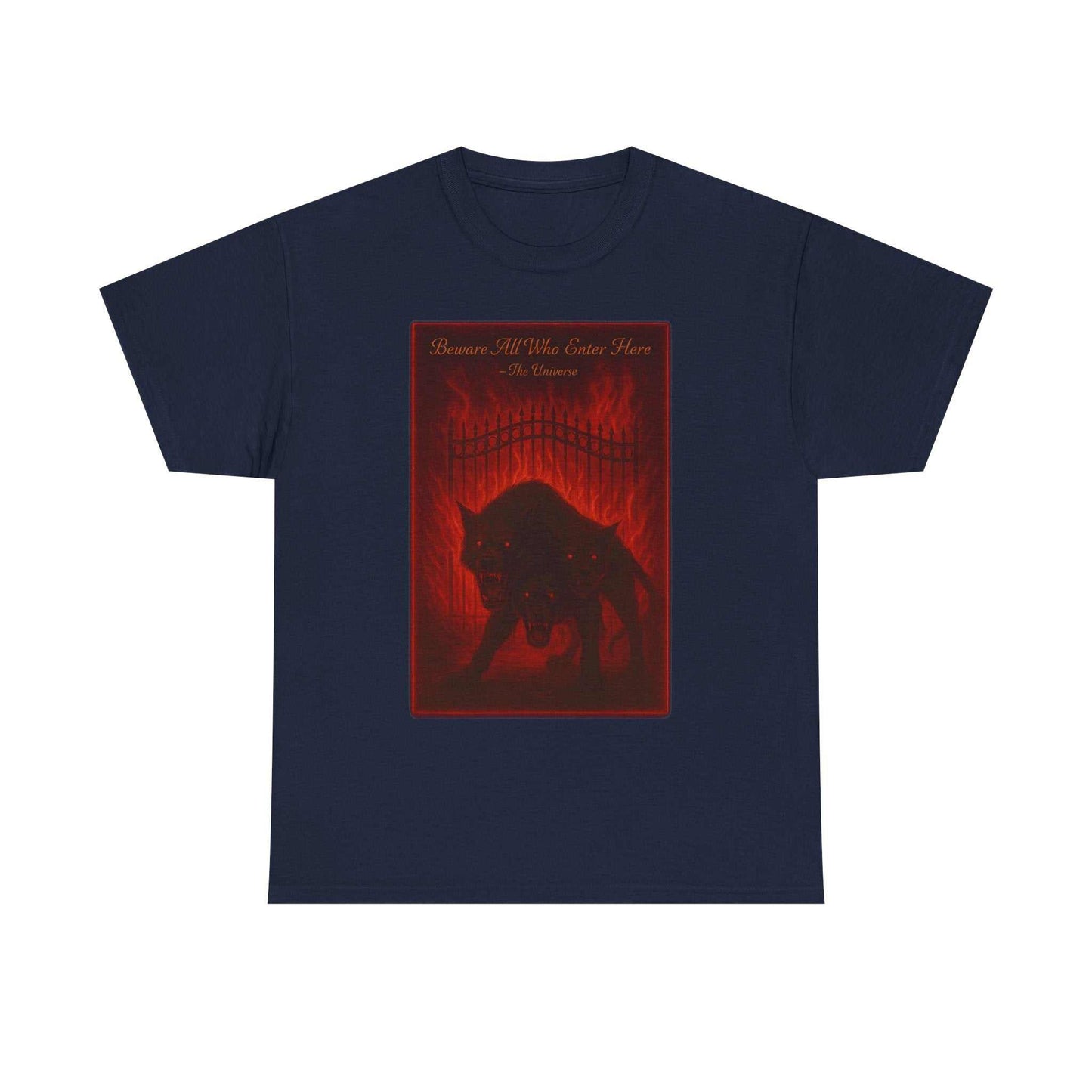 Cerberus Guard unisex heavy cotton t-shirt with red dark mythical three-headed dog design on black background