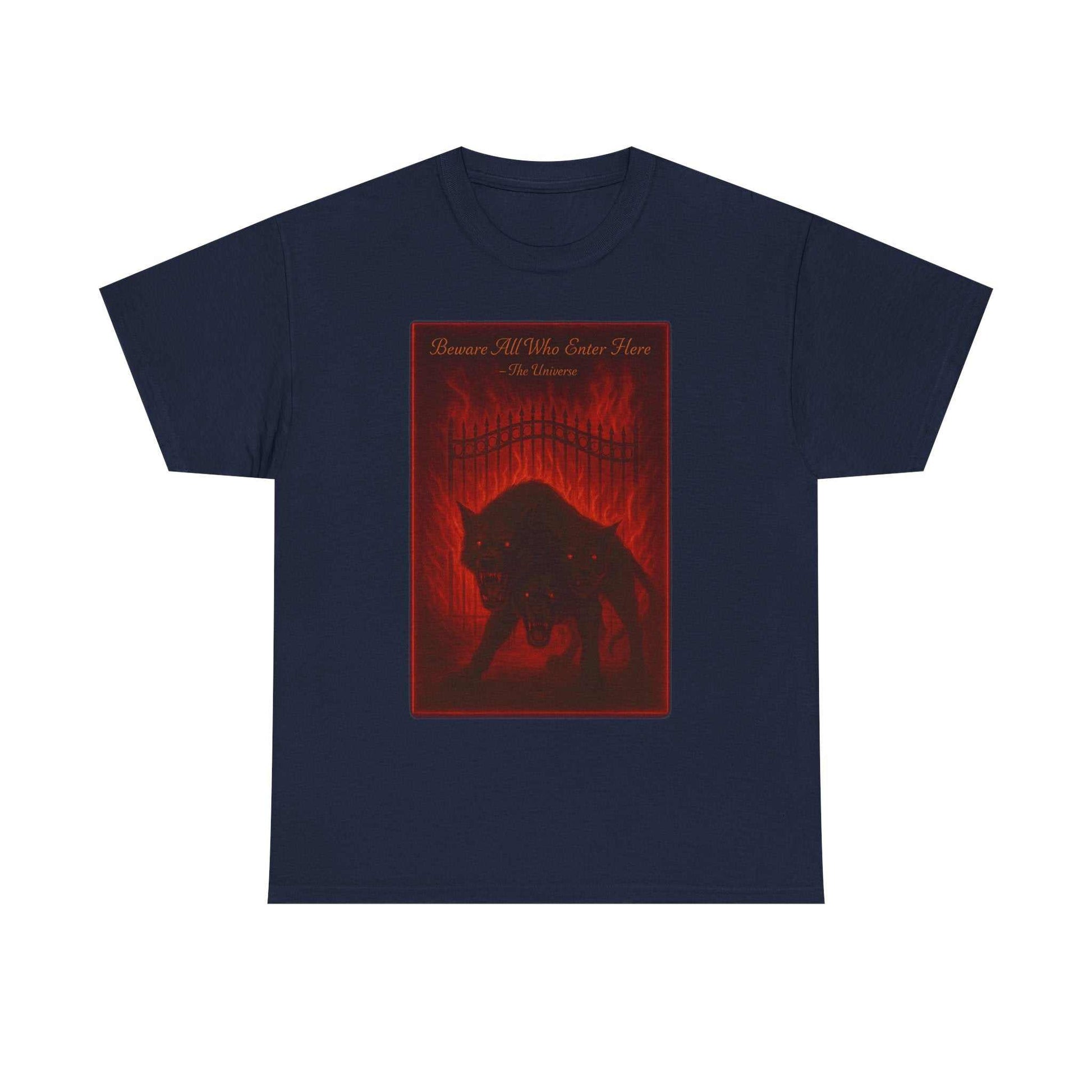 Cerberus Guard unisex heavy cotton t-shirt with red dark mythical three-headed dog design on black background