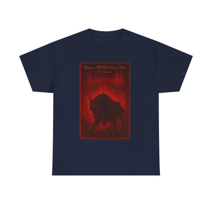 Cerberus Guard unisex heavy cotton t-shirt with red dark mythical three-headed dog design on black background