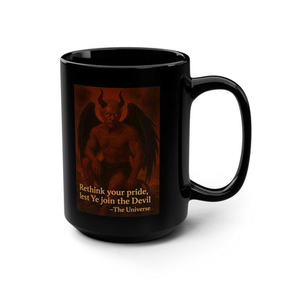 Black mug with horned demon graphic and quote, Youniverses gift, dark gothic coffee cup
