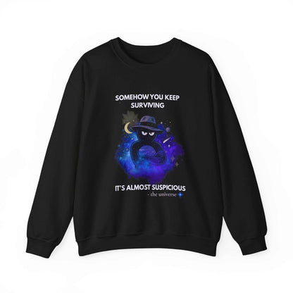 Funny detective sweatshirt with cosmic dark humor design and "Somehow You Keep Surviving" text