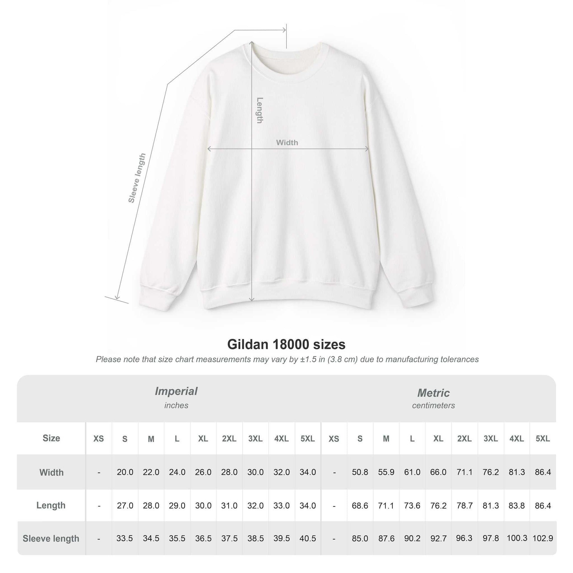 Gildan 18000 size chart for sweatshirts with width, length, and sleeve length measurements.