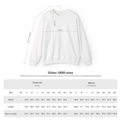 Gildan 18000 size chart for sweatshirts with width, length, and sleeve length measurements.
