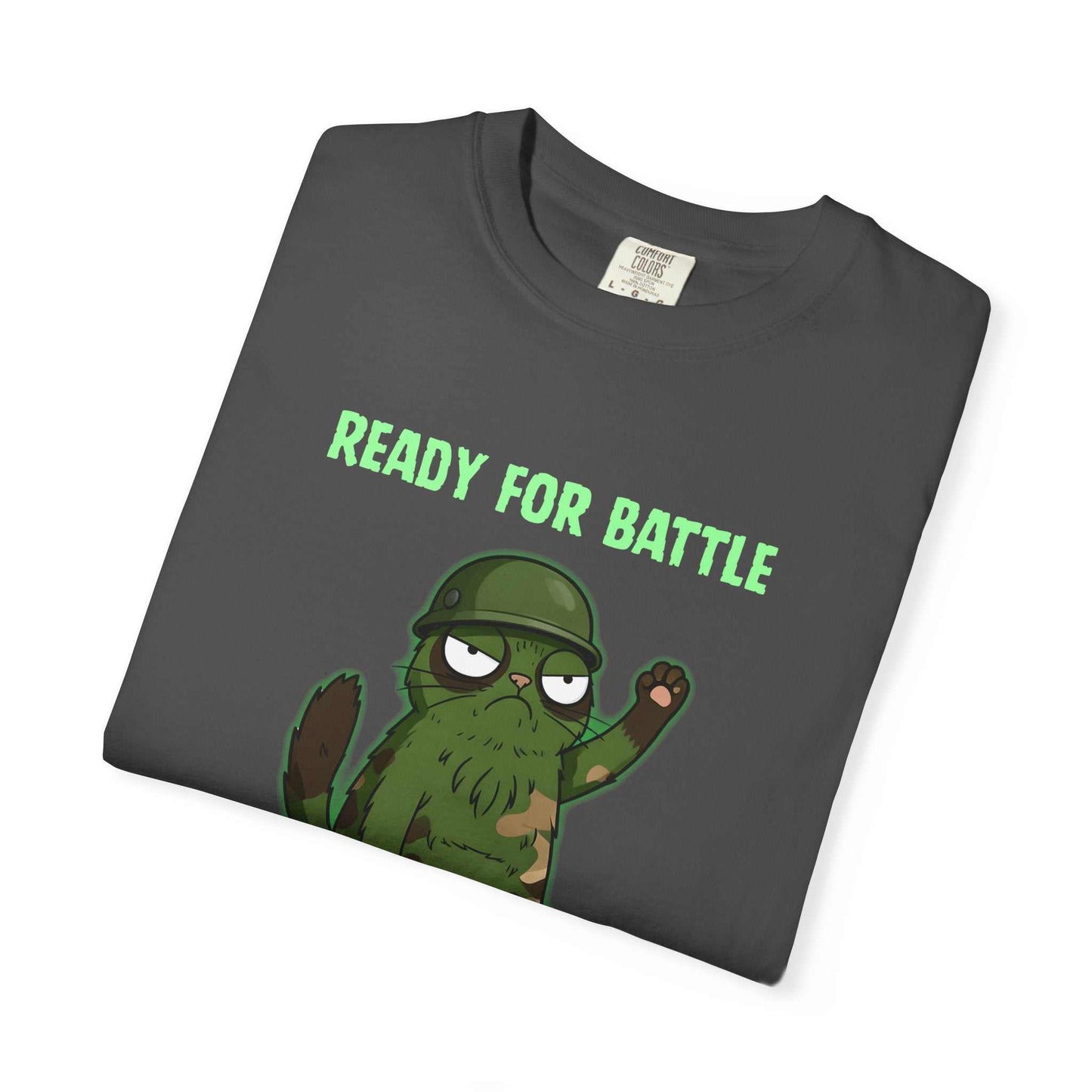 Folded Comfort Colors funny military sloth graphic tee with "Ready for Battle" text and sloth in army helmet on dark fabric