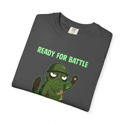 Folded Comfort Colors funny military sloth graphic tee with "Ready for Battle" text and sloth in army helmet on dark fabric