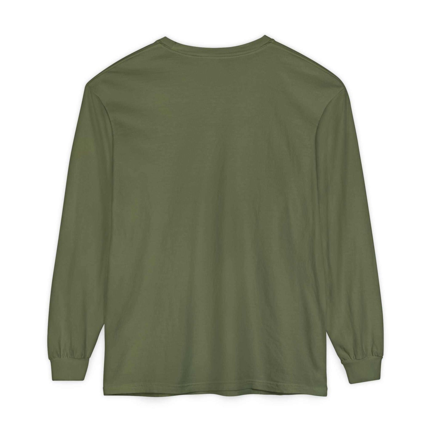 Comfort Colors® olive green long sleeve tee back view ready for battle graphic