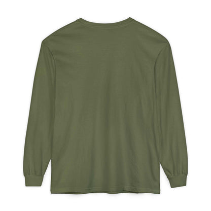 Comfort Colors® olive green long sleeve tee back view ready for battle graphic