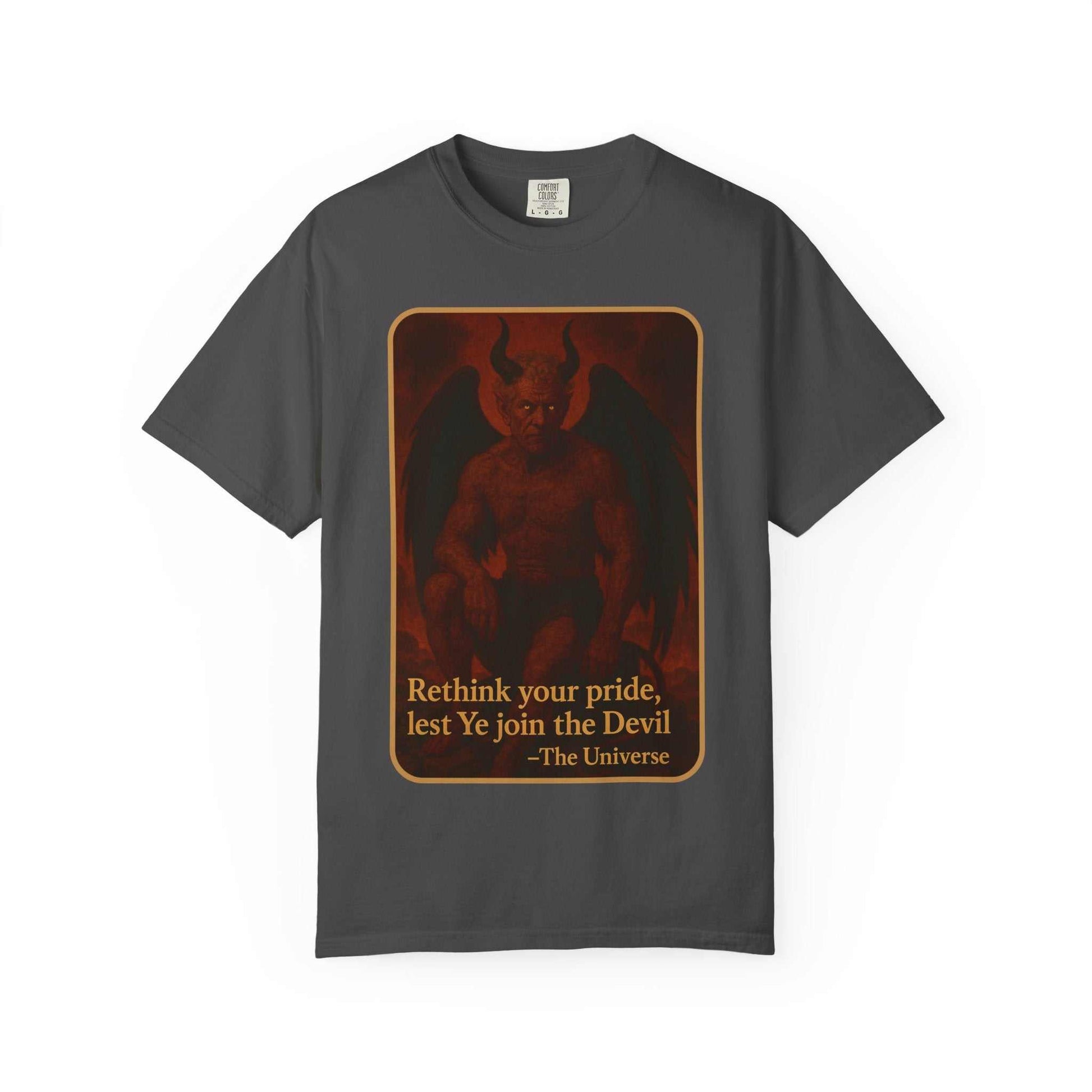 Devil Rethink Your Pride unisex garment-dyed cotton t-shirt with devil graphic and bold text design