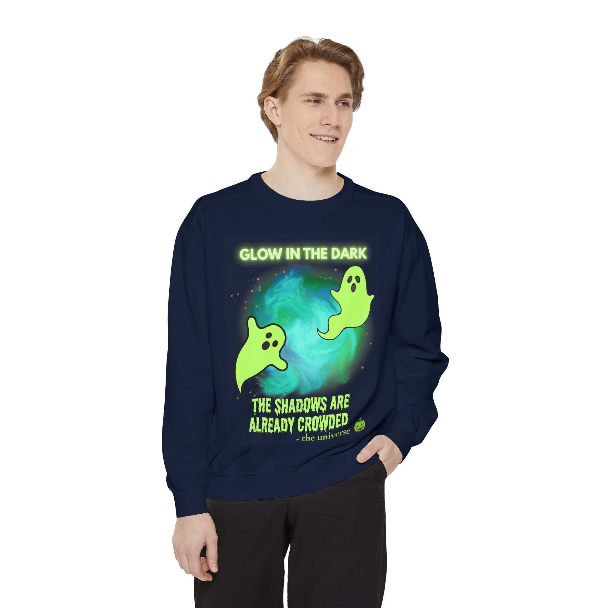 Glow in the dark sweatshirt with ghosts and planet design.