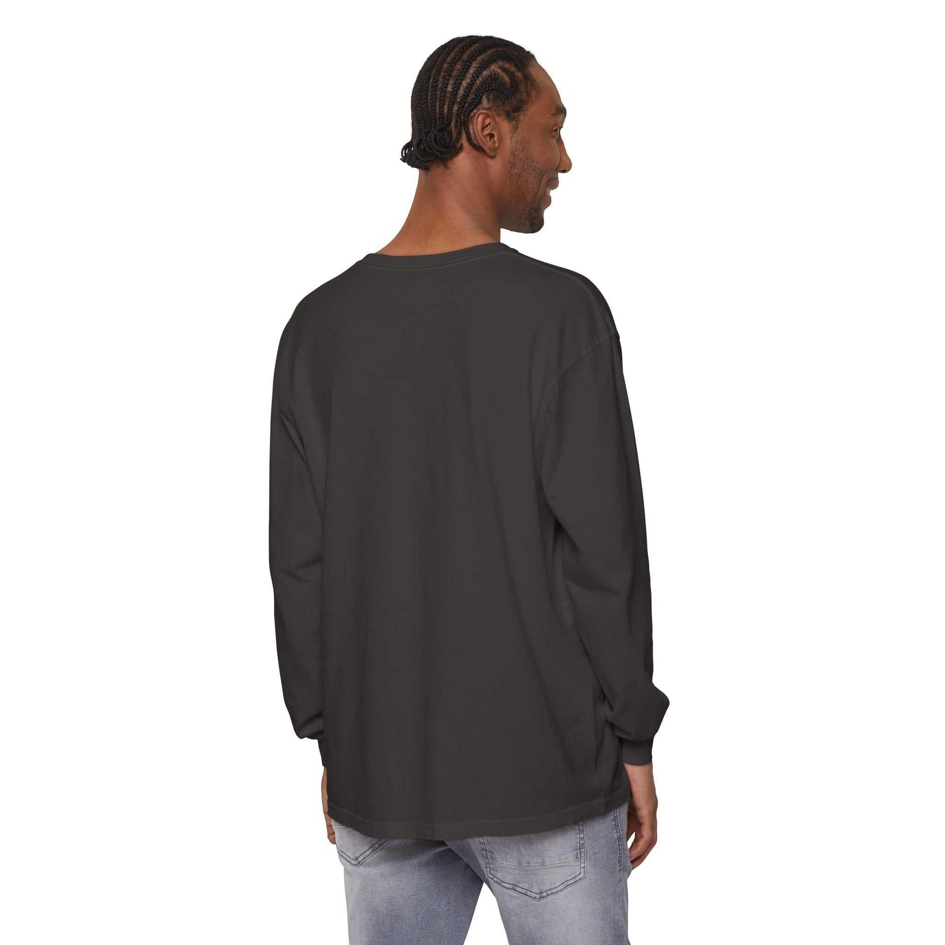 man wearing black Comfort Colors long sleeve tee shirt back view ready for battle casual wear