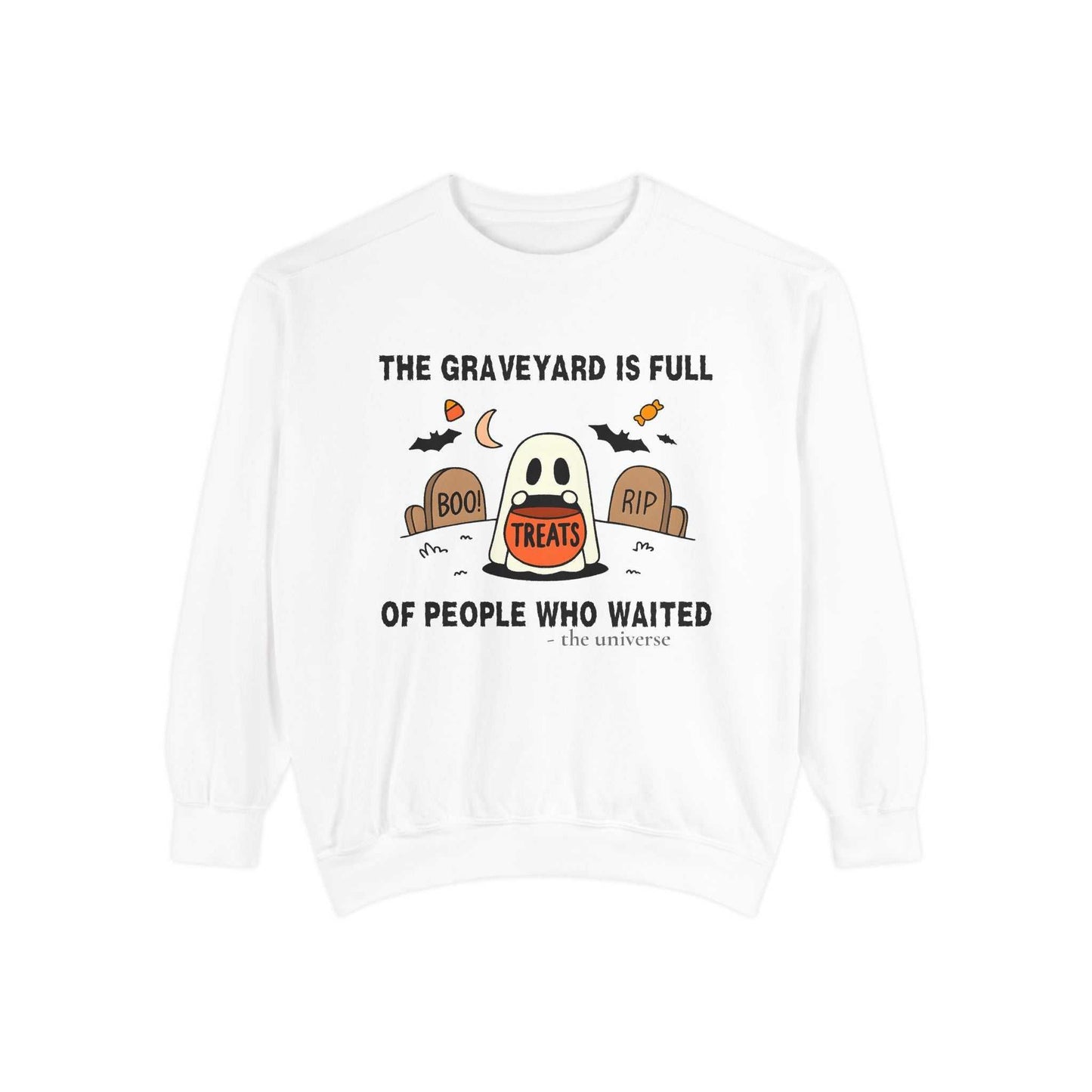 Comfort Colors ghost in graveyard Halloween sweatshirt with spooky ghost holding treats and tombstones design