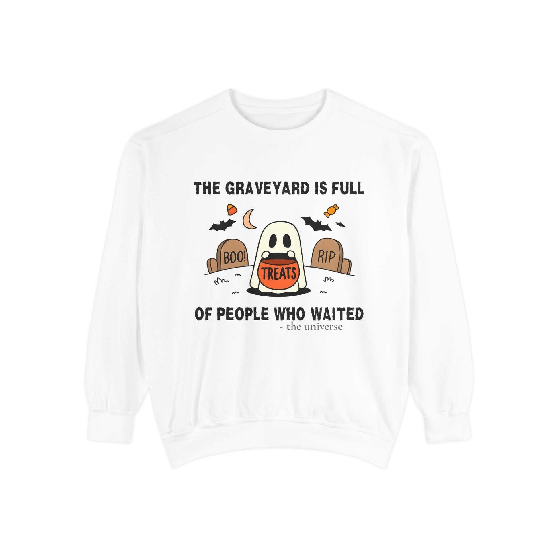 Comfort Colors ghost in graveyard Halloween sweatshirt with spooky ghost holding treats and tombstones design