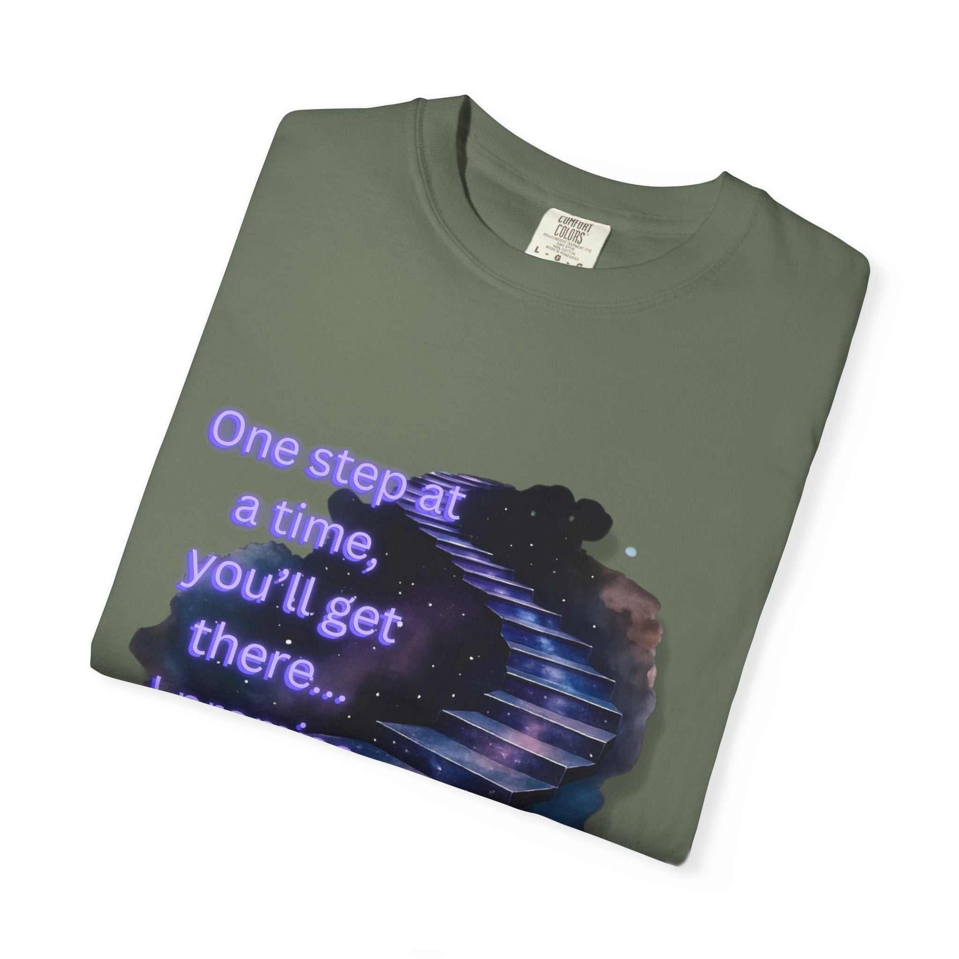 Comfort Colors Motivational Stairway T-Shirt with starry staircase and "One step at a time, you'll get there" message, garment-dyed cotton tee