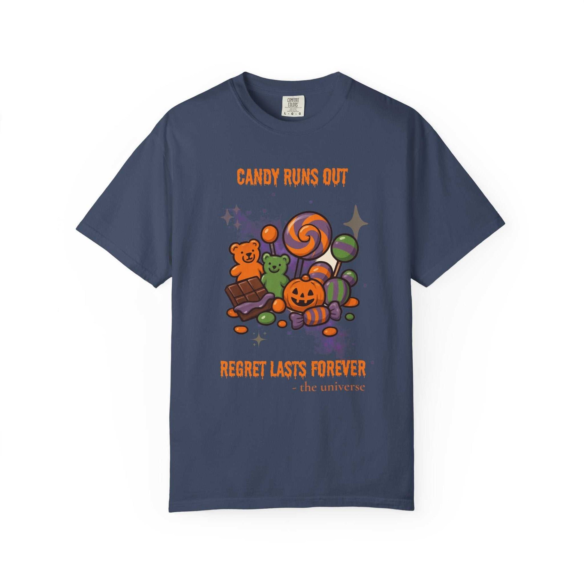 A navy blue t-shirt with a Halloween candy graphic and text.