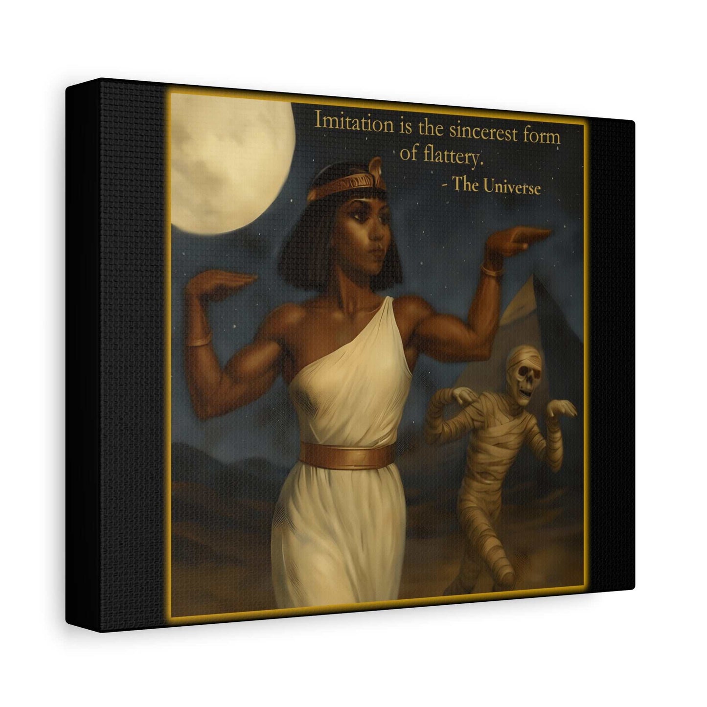 Ancient Egyptian woman posing under full moon with mummy imitating her, pyramid in background