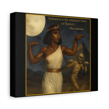 Ancient Egyptian woman posing under full moon with mummy imitating her, pyramid in background