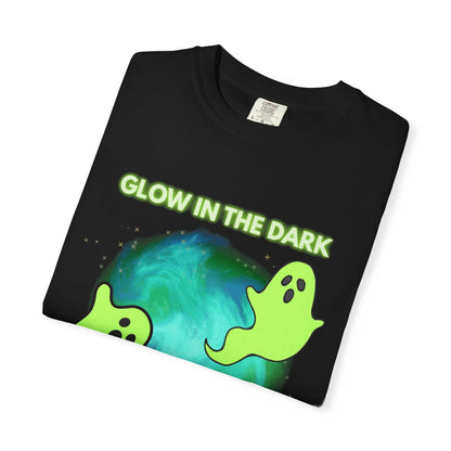 Black t-shirt with a glow-in-the-dark ghost and planet design.