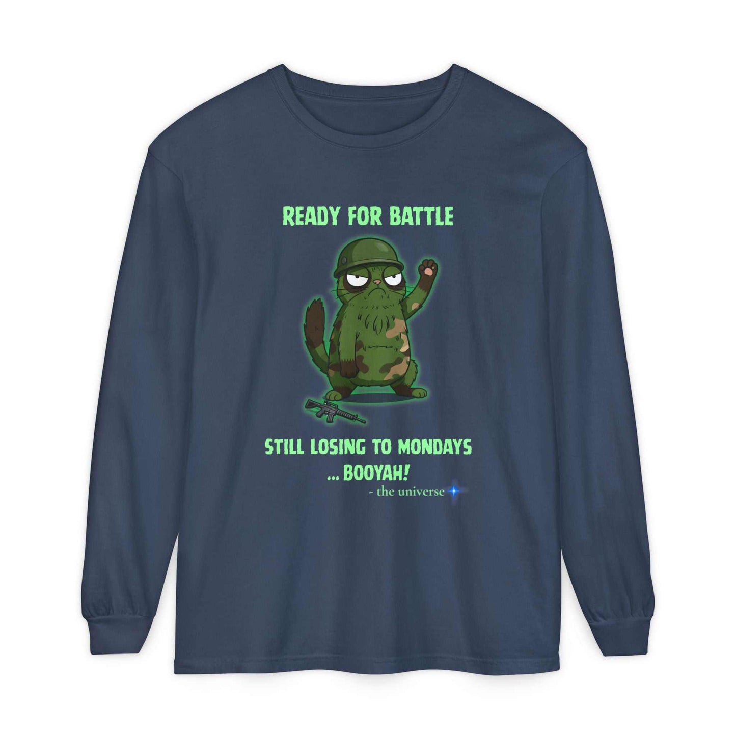 Comfort Colors long sleeve tee with ready for battle cactus graphic and humorous Monday slogan in green text
