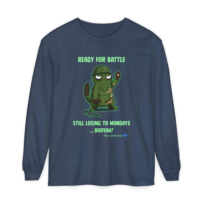 Comfort Colors long sleeve tee with ready for battle cactus graphic and humorous Monday slogan in green text