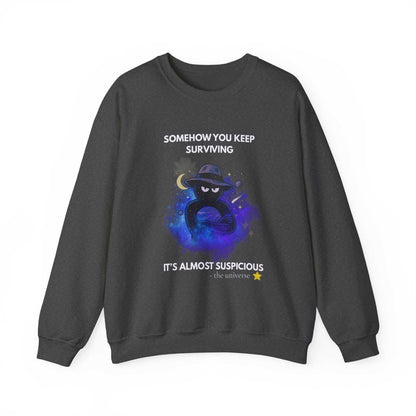 Funny Detective Sweatshirt – “It’s Almost Suspicious” Cosmic Crewneck, Unisex Black Pullover, Sarcastic Universe Gift for Mystery Lovers