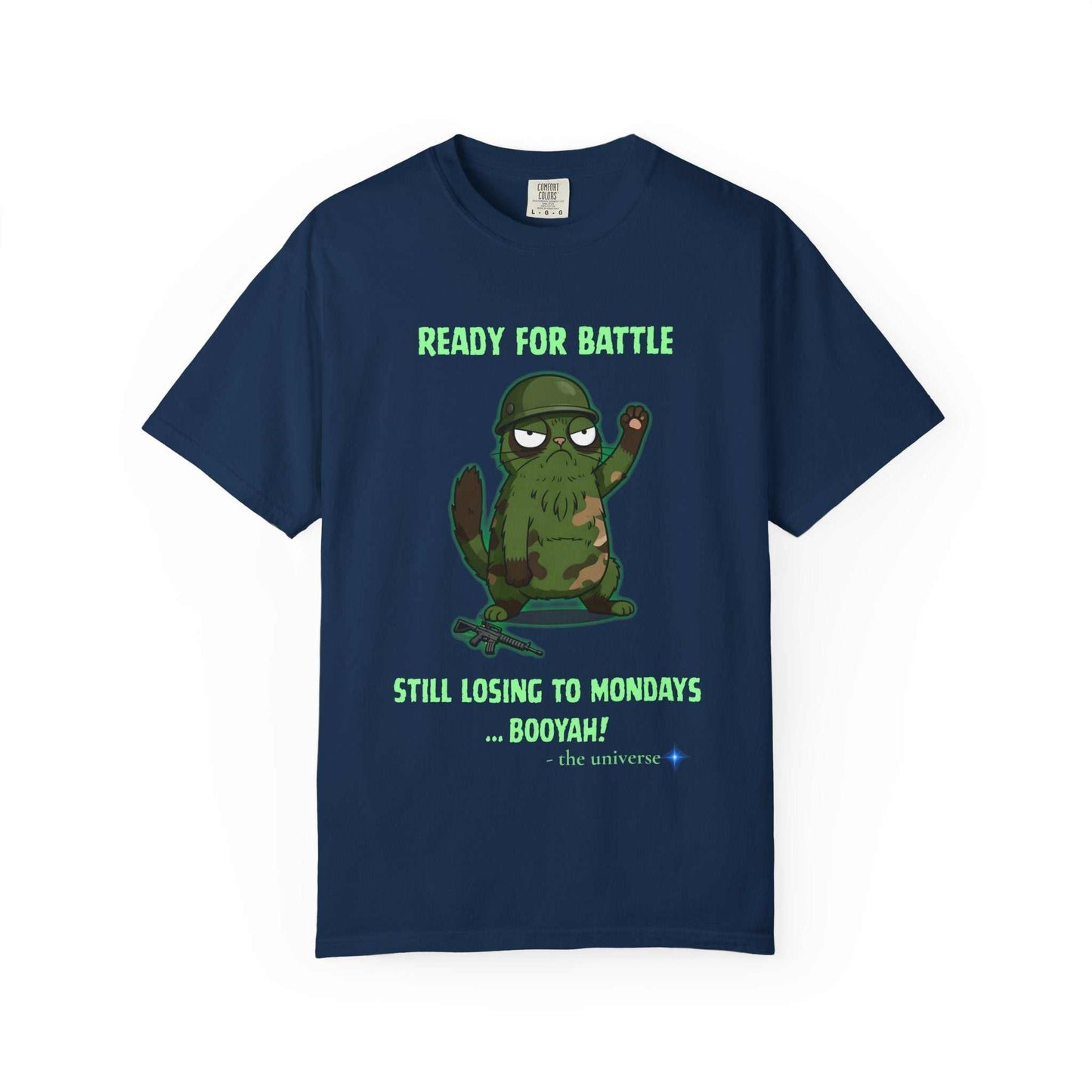 Funny military sloth graphic tee with "Ready for battle" text on garment dyed navy shirt