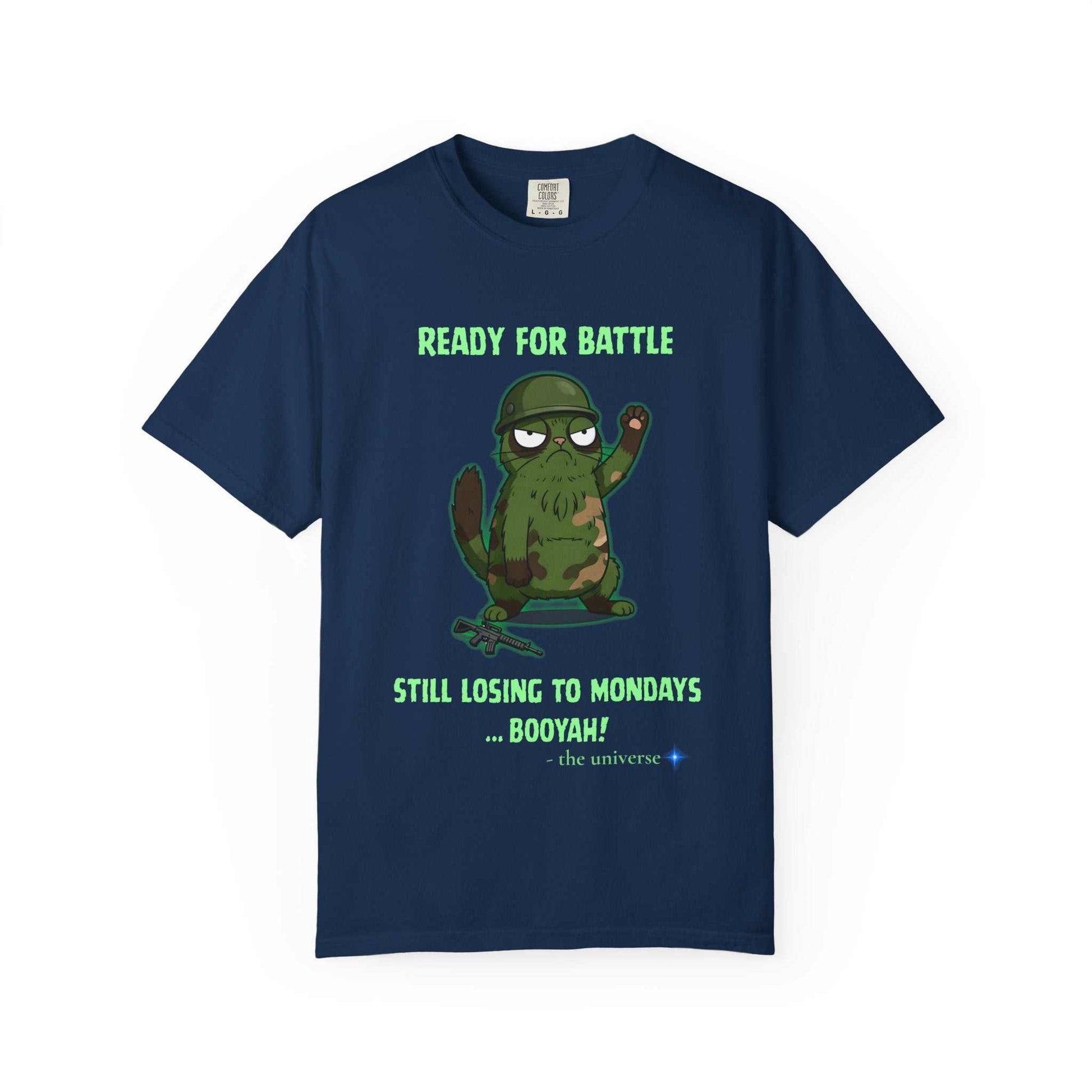 Funny military sloth graphic tee with "Ready for battle" text on garment dyed navy shirt