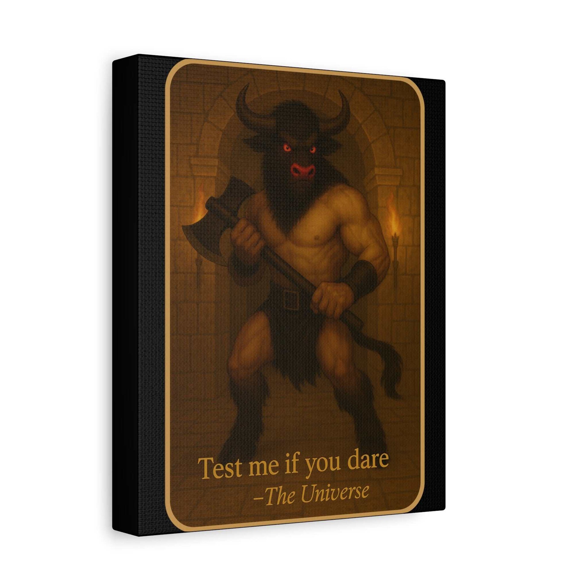 Fantasy minotaur wall art holding axe with glowing eyes, Youniverses home decor canvas