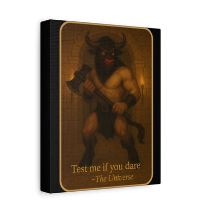 Fantasy minotaur wall art holding axe with glowing eyes, Youniverses home decor canvas