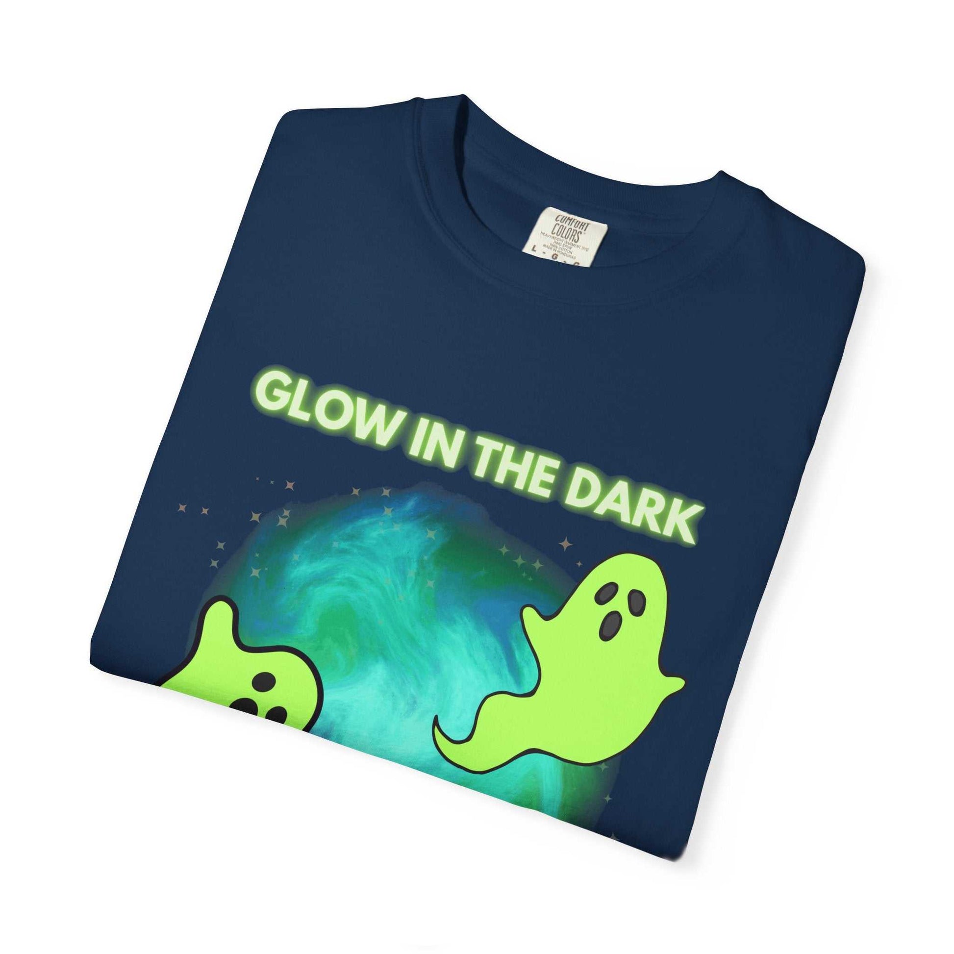 Navy t-shirt with a glow-in-the-dark ghost and planet graphic.