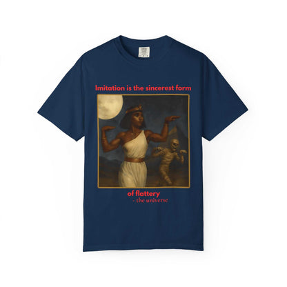 Unisex navy cotton Egyptian Mummy T-Shirt with Cleopatra and mummy graphic and red text design