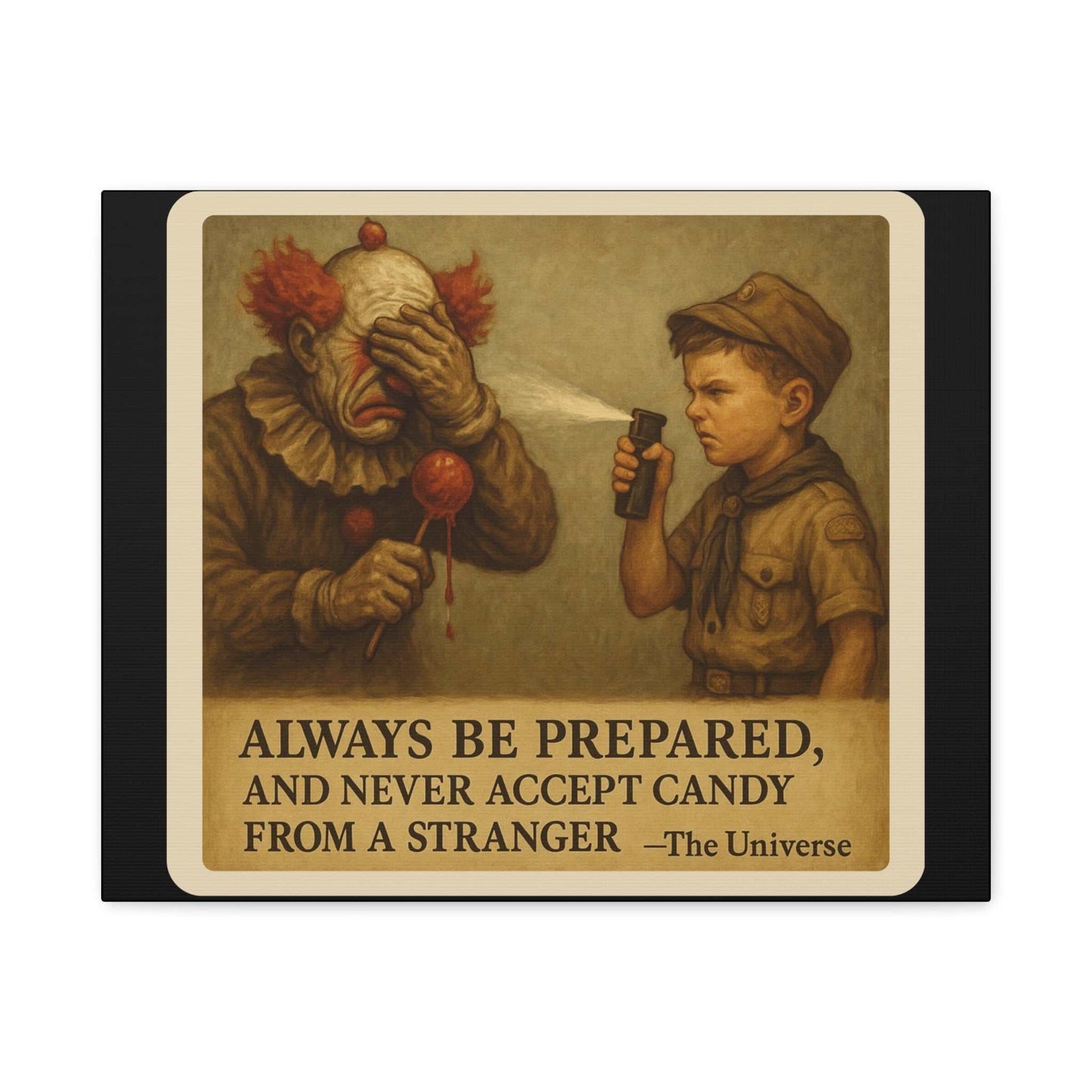 Boy scout spraying clown with pepper spray, holding lollipop, safety message art print