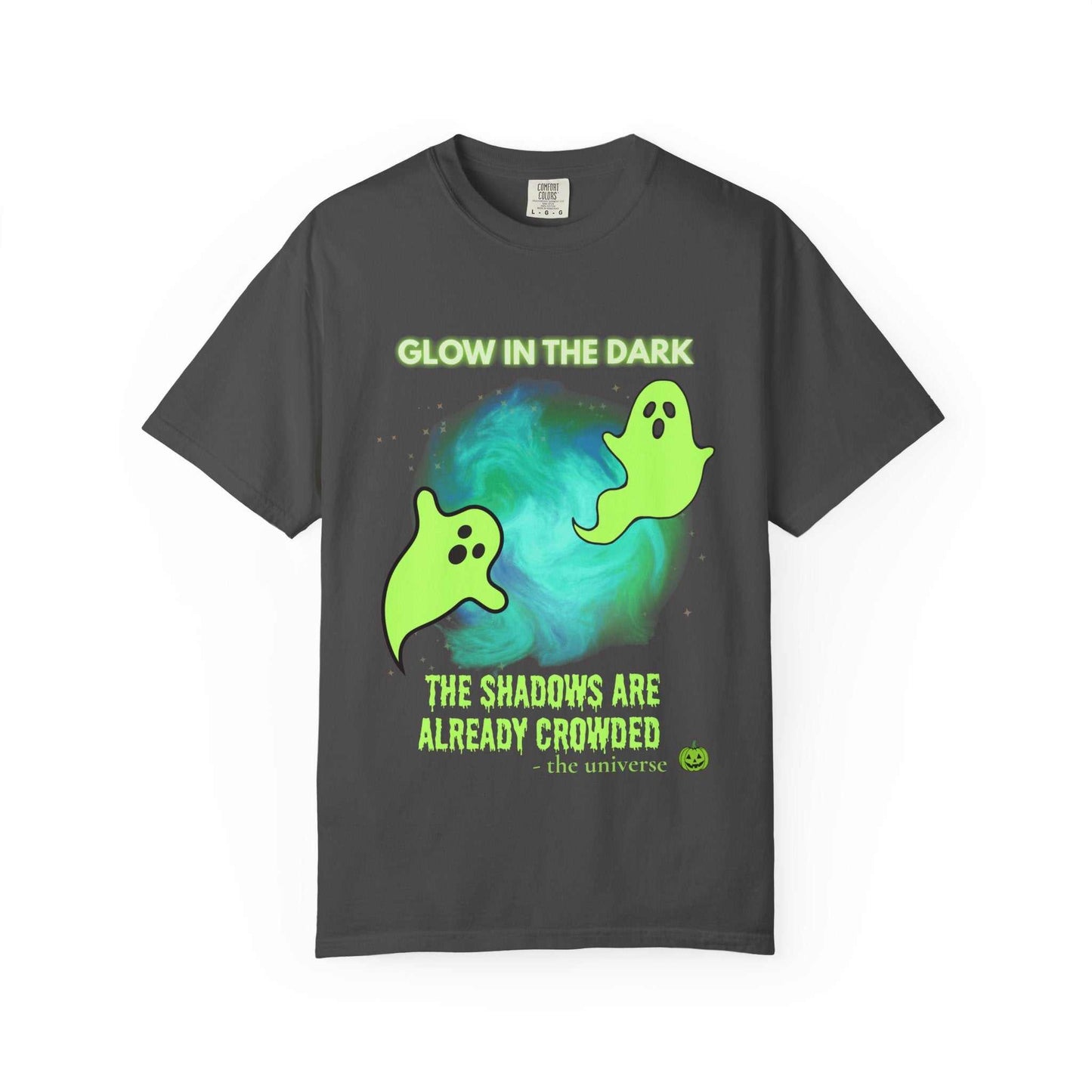 Dark grey t-shirt with glow-in-the-dark ghosts and Halloween text.