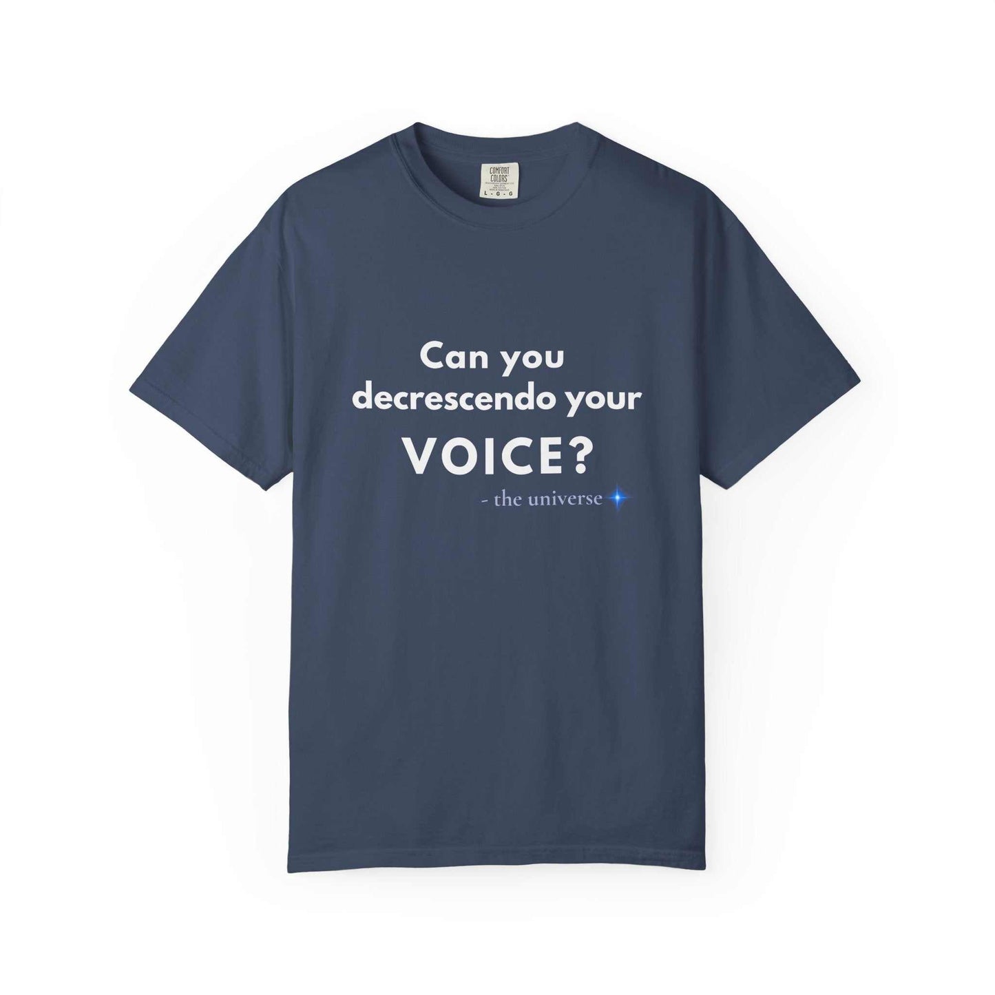 Navy blue t-shirt with white text "Can you decrescendo your VOICE? - the universe" music humor design